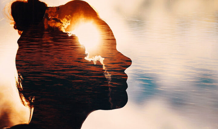 Shadow of a woman's head in front of water.