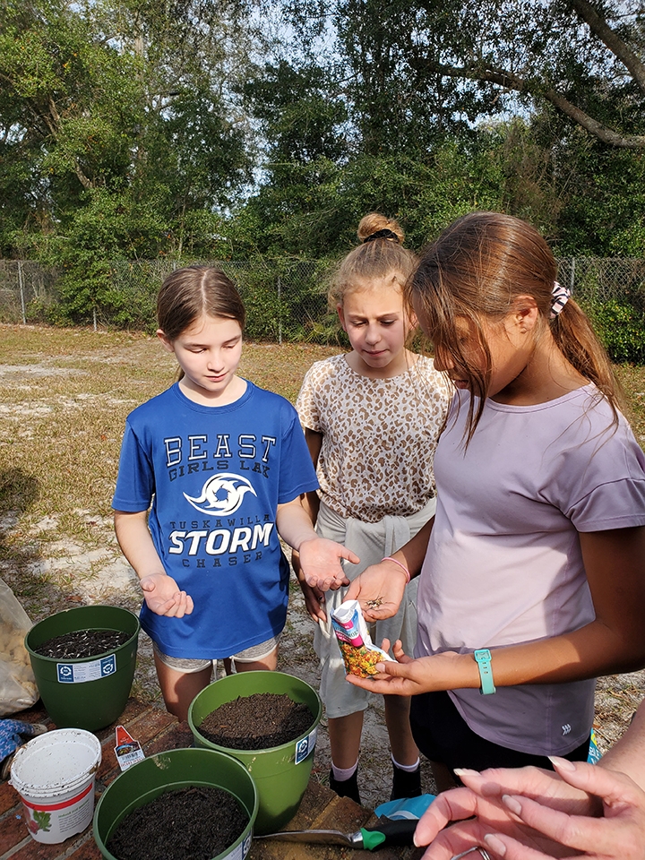 The Girls in Green working on their garden.