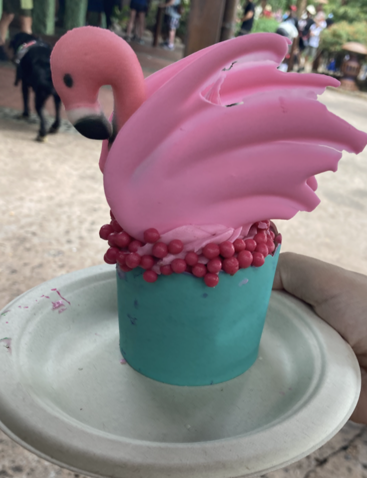 pink flamingo cupcake blue wrapper on white plate 