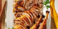 Sliced turkey on a white dish with two turkey legs and parsley garnish