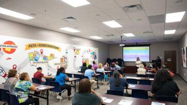 Photo of the community inside a classroom learning with Habitat for Humanity.