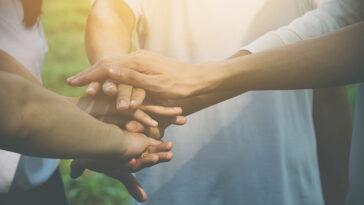 Team teamwork business join hand together concept, Power of giving back, Stack of people hand