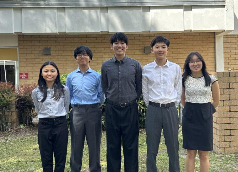 Buchholz HS, Gainesville M3 Challenge Finalists, from the left, Sophia Rong, Andrew Xing, Nathan Wei, Luke Xue, and Melissa Li. - Central Florida Lifestyle