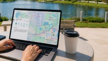 Person using a laptop outdoors in Lake Nona while viewing a Google Maps search of the Lake Nona region, with the lake and modern buildings in the background.