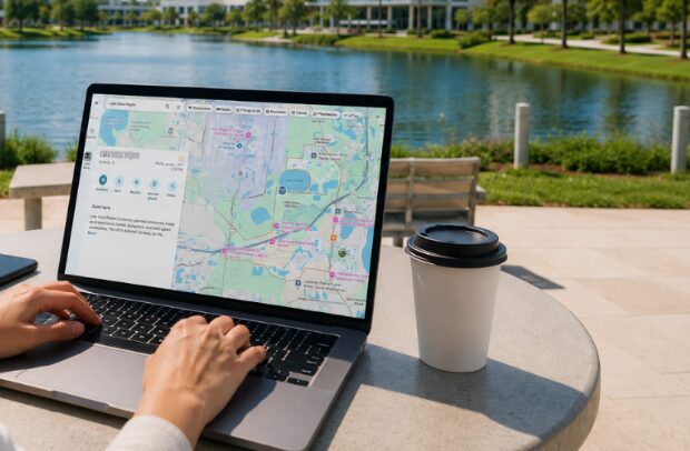 Person using a laptop outdoors in Lake Nona while viewing a Google Maps search of the Lake Nona region, with the lake and modern buildings in the background.
